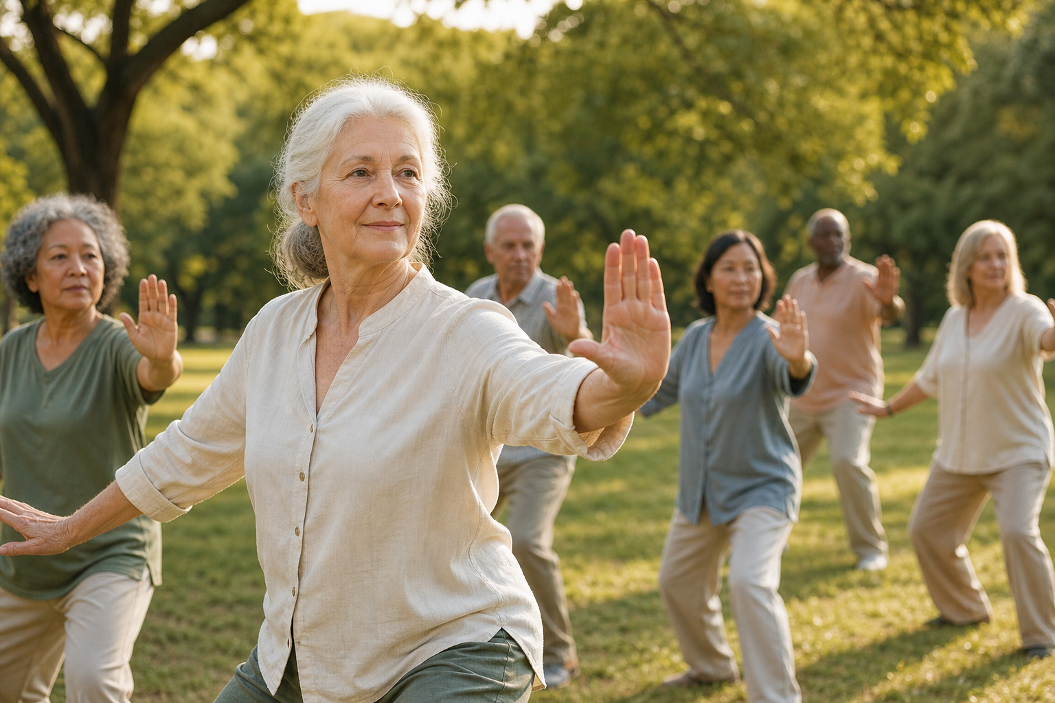 Older adults practicing Tai Chi together outdoors in warm light