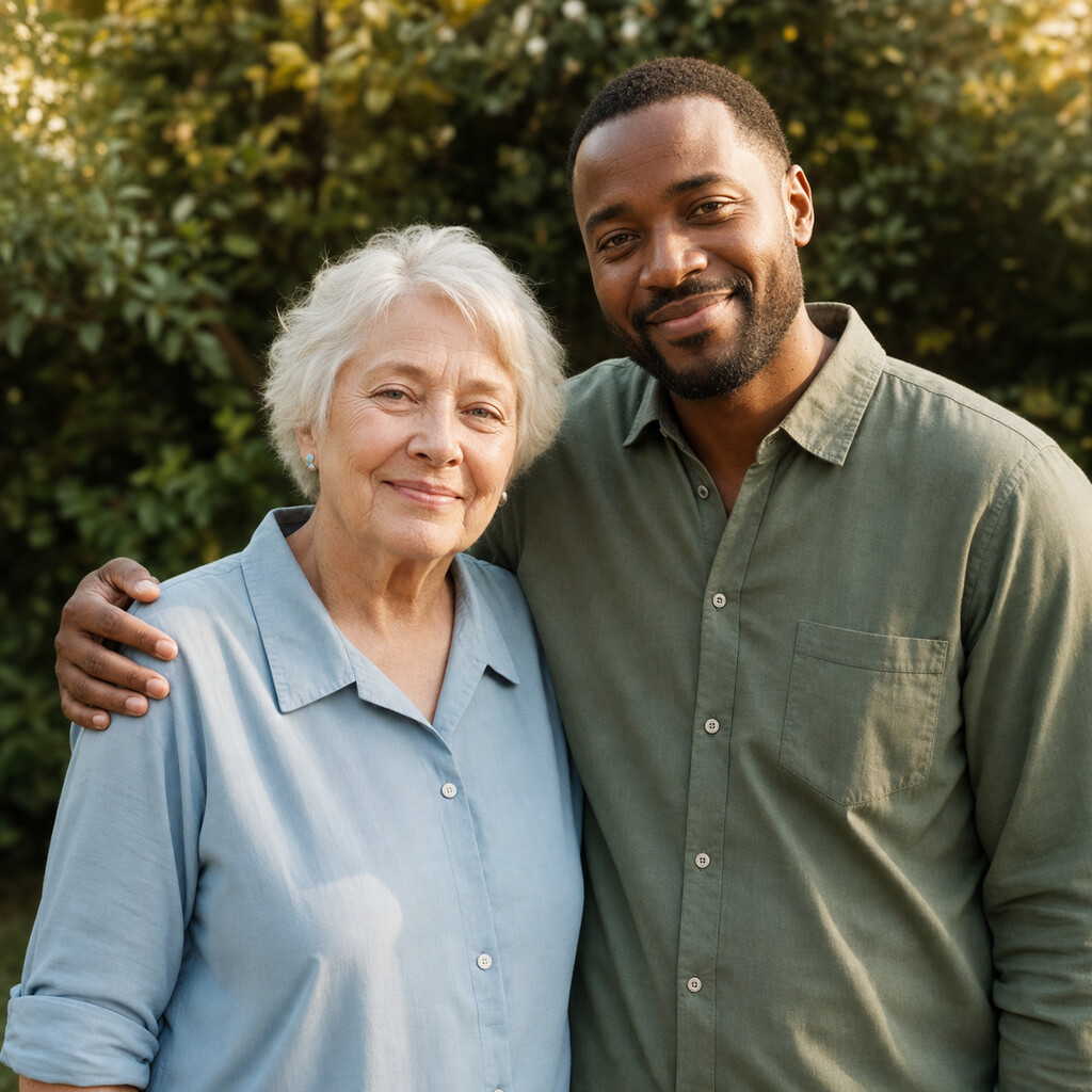 A senior and a Kujiweza instructor together, sharing a warm moment